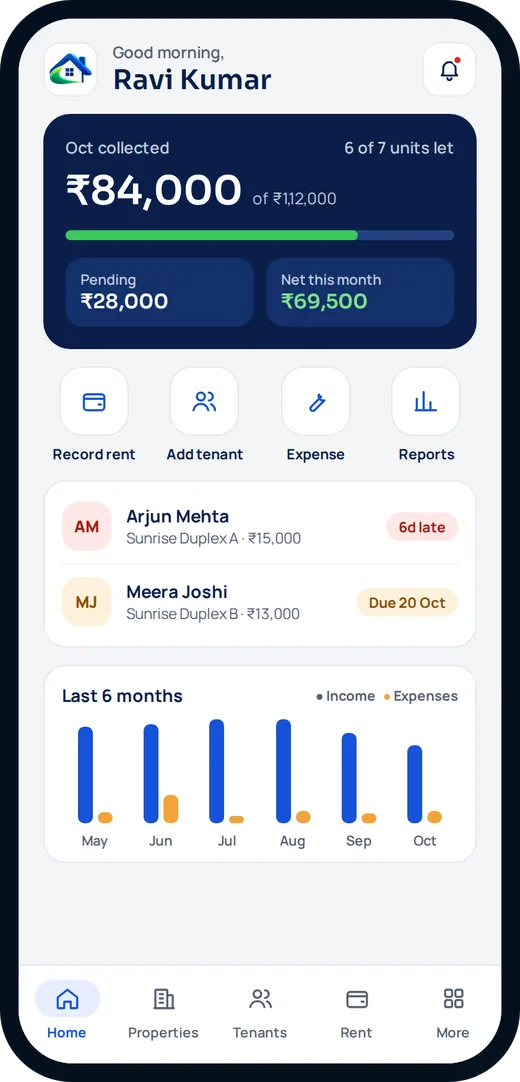 Rent 365 home screen with October rent collected