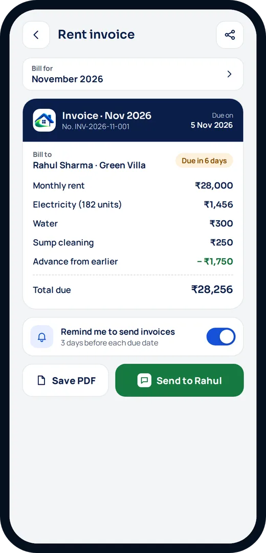 Rent invoice for November listing rent, electricity, water and advance
