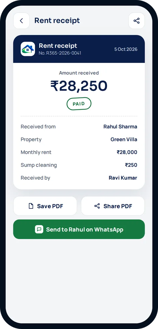 Rent receipt with a Send to Rahul on WhatsApp button