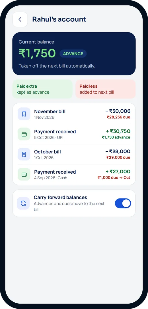 Tenant account statement showing an advance balance